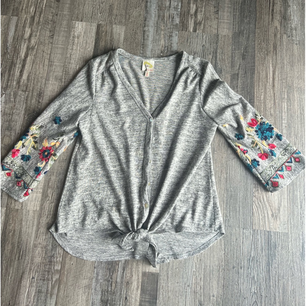 Anthropologie Fig and Flower Embroidery tie Top